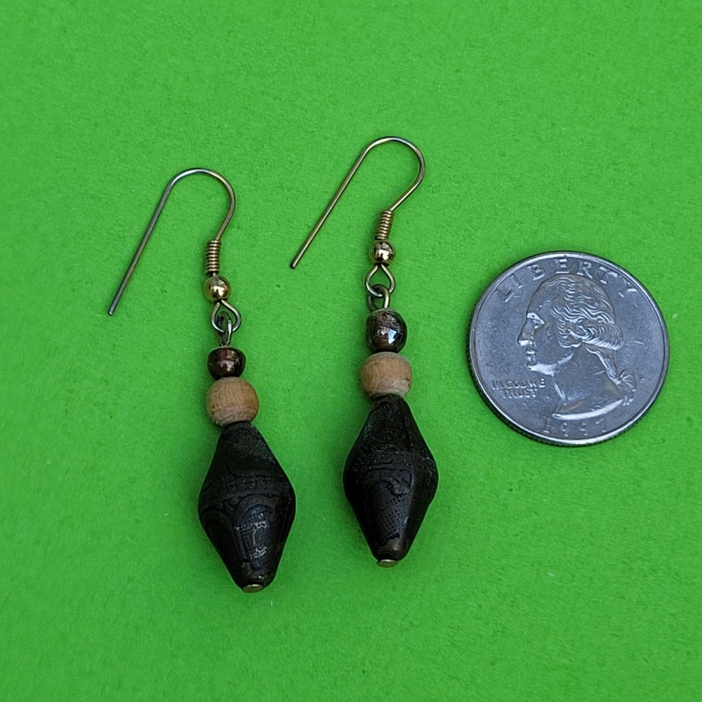 Vintage carved wooden bead drop dangle earrings boho fairy grunge earthy witchy